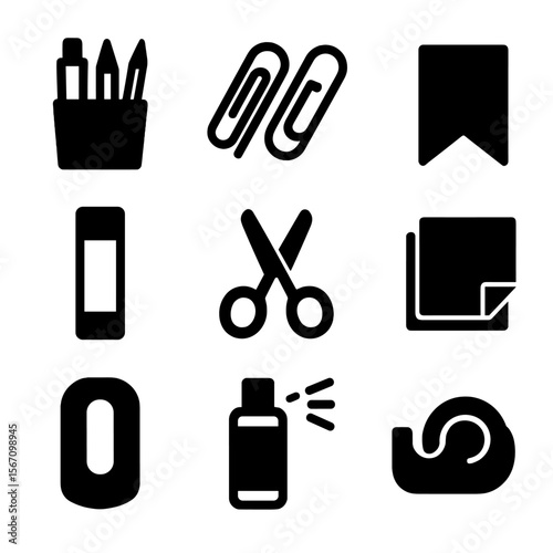 Sketchbook Accessories Icons. Solid, filled icon set of sketchbook accessories: pen holder, paper clips, bookmark, glue stick,