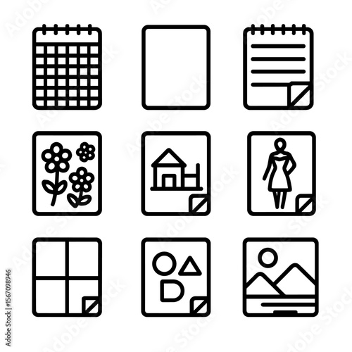 Sketchbook Icon Grid. Solid, filled icon set of sketchbook pages: grid paper, blank page, lined page, doodle of flowers,