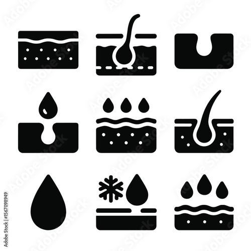 Skin and Glands Icons. Solid, filled icon set of sweat glands and skin: skin layer, sweat gland, pore, droplet forming, epidermis,