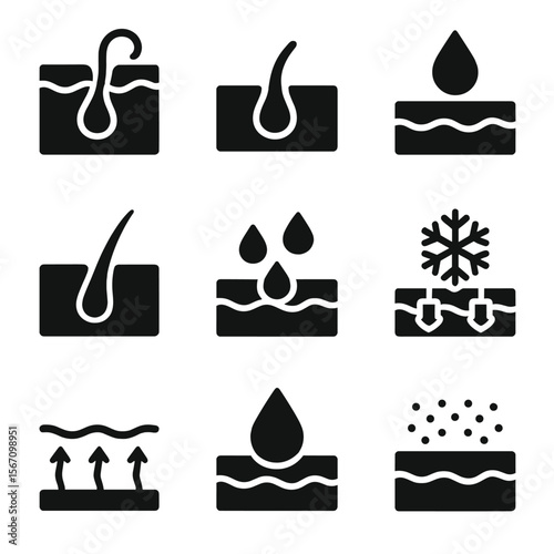 Skin and Glands Icons. Solid, filled icon set of sweat glands and skin: skin layer, sweat gland, pore, droplet forming, epidermis,
