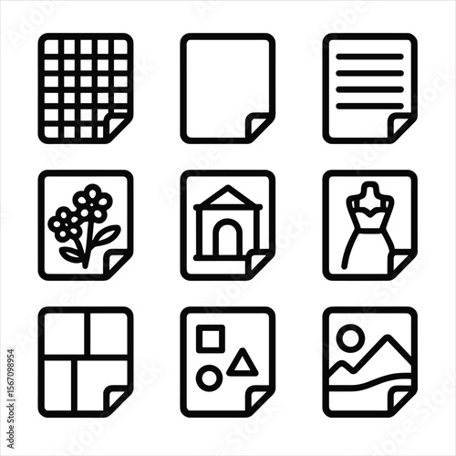 Sketchbook Icon Grid. Solid, filled icon set of sketchbook pages: grid paper, blank page, lined page, doodle of flowers,