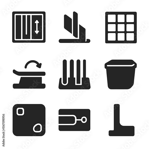 Modular Kitchen Icons. Solid, filled icons set of modular kitchen organizers: adjustable tray, removable