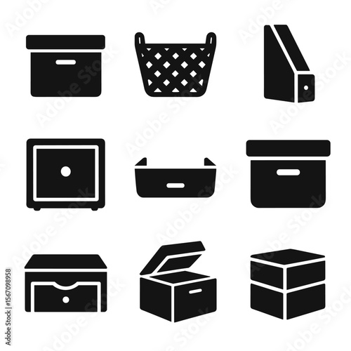 Modular Storage Icons. Solid, filled icons set of modular storage combinations: storage box, woven basket,