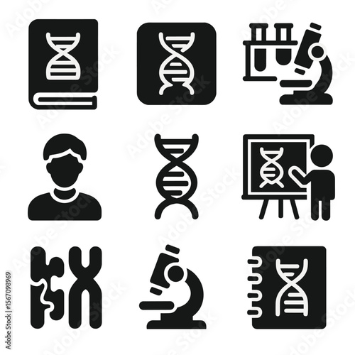 Molecular Biology Icons. Solid, filled icons set of molecular biology education: biology book, DNA diagram,