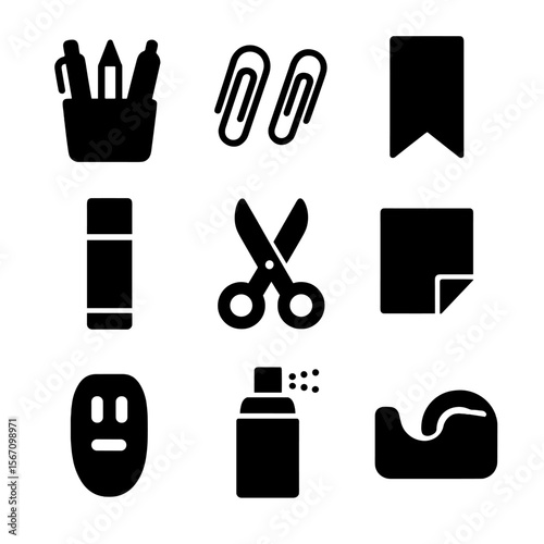 Sketchbook Accessories Icons. Solid, filled icon set of sketchbook accessories: pen holder, paper clips, bookmark, glue stick,