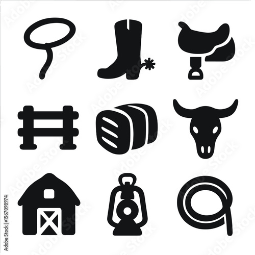 Western Frontier Icons. Solid, filled icon set of Western frontier lifestyle: lasso, spurred boot, saddle, ranch fence, hay bale,