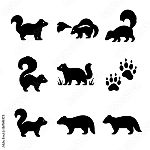 Skunk Icons Collection. Solid, filled icon set of skunks in nature: standing skunk, spraying skunk, foraging skunk, curled tail,