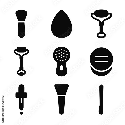 Skincare Icon Set. Solid, filled icon set of skincare application tools: silicone brush, foundation sponge, beauty spatula, jade