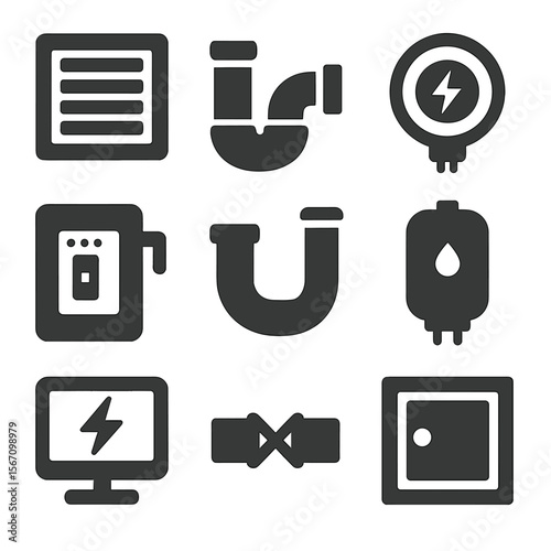 Modular Utility Icons. Solid, filled icons set of modular apartment utilities: HVAC vent, plumbing joint,
