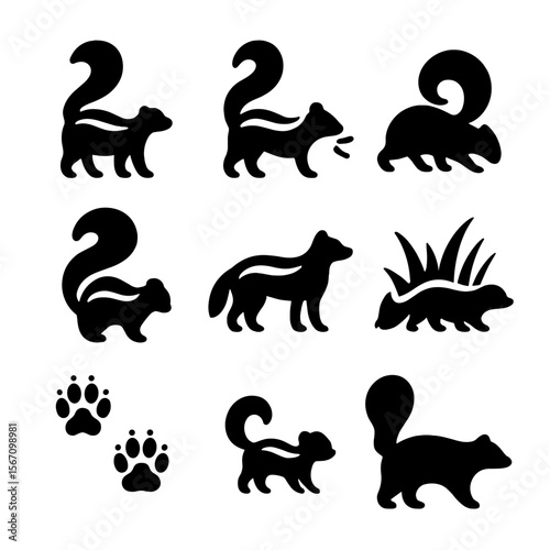 Skunk Icons Collection. Solid, filled icon set of skunks in nature: standing skunk, spraying skunk, foraging skunk, curled tail,