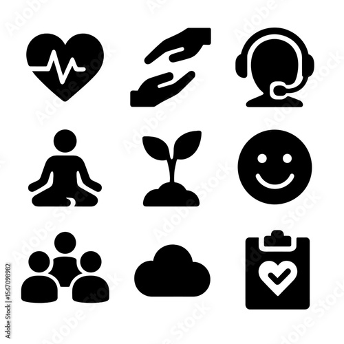 Wellness Icon Set. Solid, filled icon set of asynchronous wellness and support: heart pulse, helping hand, chat support,