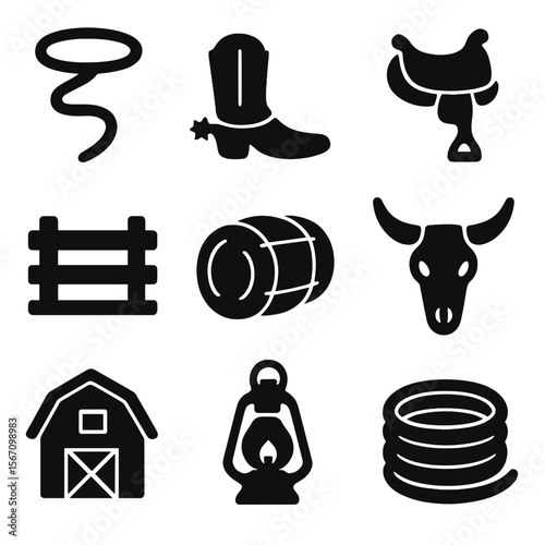 Western Frontier Icons. Solid, filled icon set of Western frontier lifestyle: lasso, spurred boot, saddle, ranch fence, hay bale,