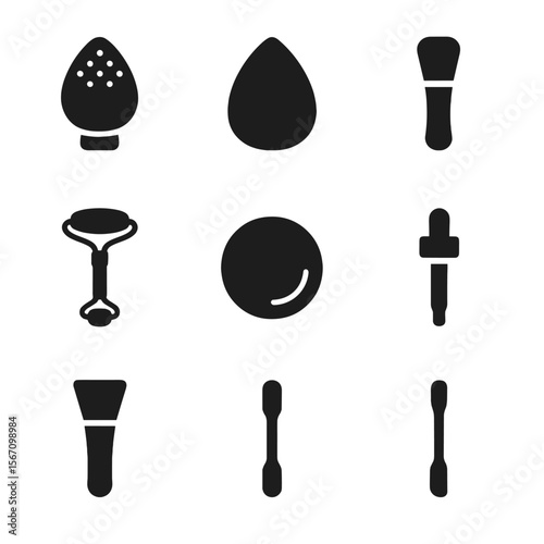 Skincare Icon Set. Solid, filled icon set of skincare application tools: silicone brush, foundation sponge, beauty spatula, jade