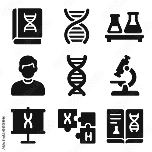 Molecular Biology Icons. Solid, filled icons set of molecular biology education: biology book, DNA diagram,