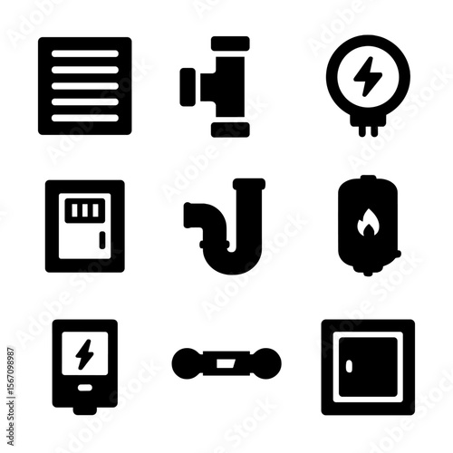 Modular Utility Icons. Solid, filled icons set of modular apartment utilities: HVAC vent, plumbing joint,