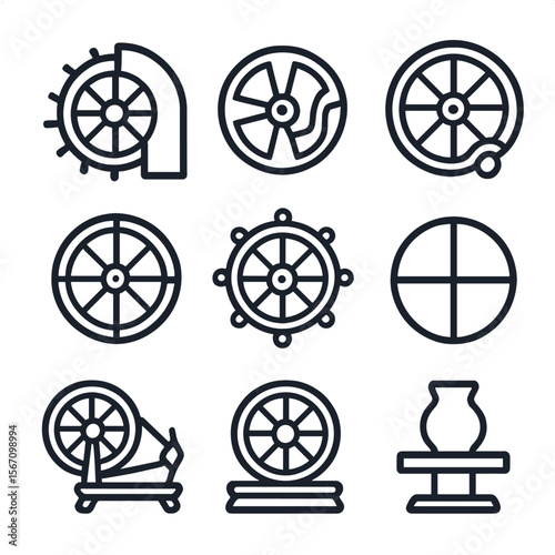 Wheels Icon Set. Solid, filled icon set of wheels in nature and culture: water wheel, mill wheel, chariot wheel, wheel of fortune,