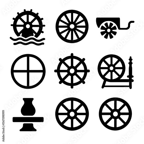 Wheels Icon Set. Solid, filled icon set of wheels in nature and culture: water wheel, mill wheel, chariot wheel, wheel of fortune,