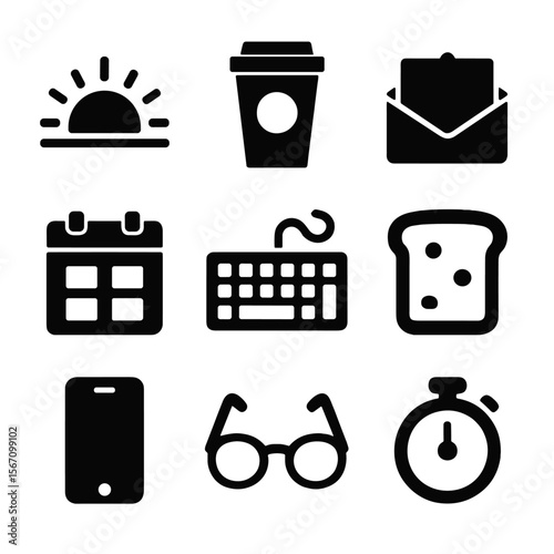 Morning Routine Icons. Solid, filled icons set of morning work routine with coffee: sunrise icon, coffee to-go
