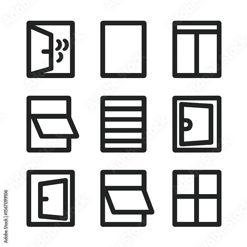 Window Icons Grid. Solid, filled icon set of window types by function: ventilation window, fixed window, sliding window, hopper