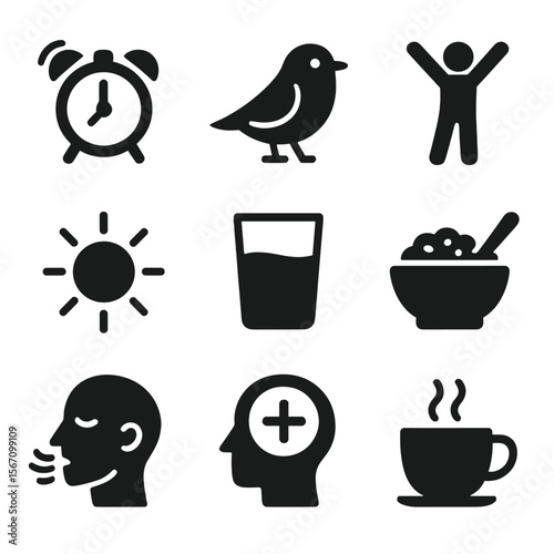 Morning Routine Icons. Solid, filled icons set of morning routines and energy: alarm clock, early bird,