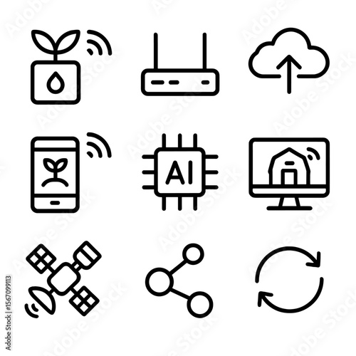 Smart Farming Icons. Solid, filled icon set of smart farming connectivity: IoT sensor, Wi-Fi router, cloud data, smartphone,
