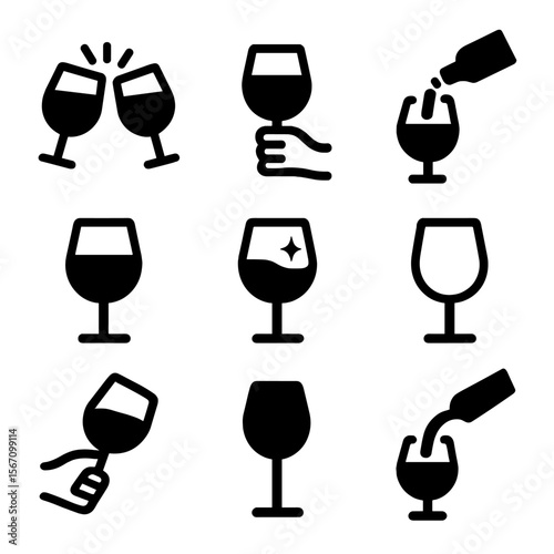 Wine Glass Icon Set. Solid, filled icon set of wine glass actions: clinking glasses, raising glass, filling glass, empty glass,
