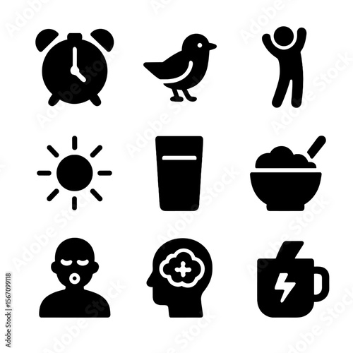 Morning Routine Icons. Solid, filled icons set of morning routines and energy: alarm clock, early bird,