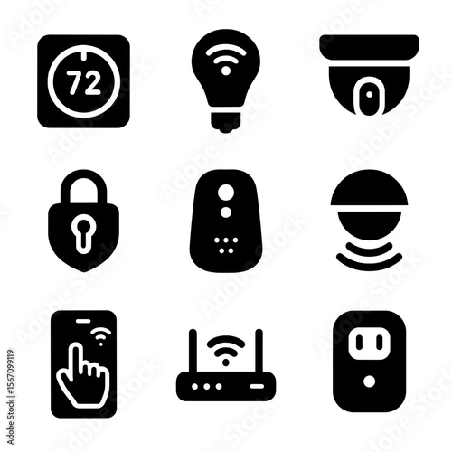 Smart Home Icons. Solid, filled icon set of smart home upgrades: thermostat, smart light bulb, security camera, smart lock,