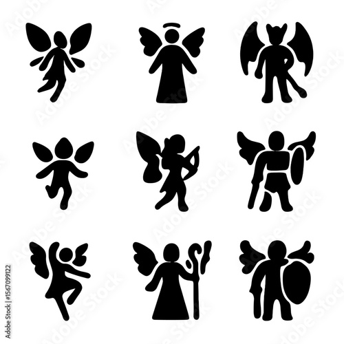 Winged Character Silhouettes. Solid, filled icon set of winged character silhouettes: fairy silhouette, angel silhouette, demon