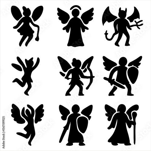 Winged Character Silhouettes. Solid, filled icon set of winged character silhouettes: fairy silhouette, angel silhouette, demon