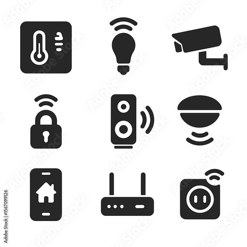Smart Home Icons. Solid, filled icon set of smart home upgrades: thermostat, smart light bulb, security camera, smart lock,