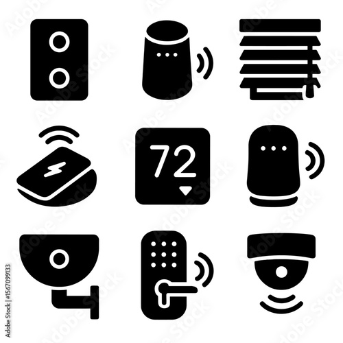 Smart Home Icon Set. Solid, filled icon set of smart home interior features: smart light switch, voice assistant, automated blinds