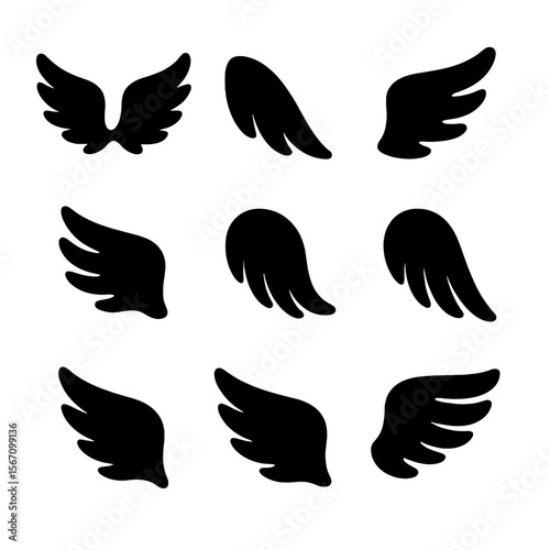 Wing Pose Icons. Solid, filled icon set of wing poses: wings spread, wings closed, wings fluttering, wings mid-flap, wings curled,