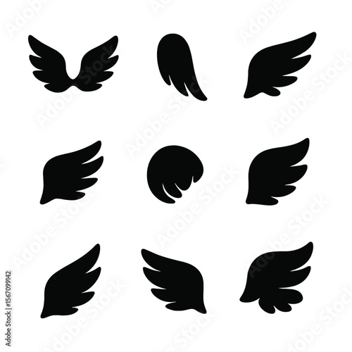 Wing Pose Icons. Solid, filled icon set of wing poses: wings spread, wings closed, wings fluttering, wings mid-flap, wings curled,