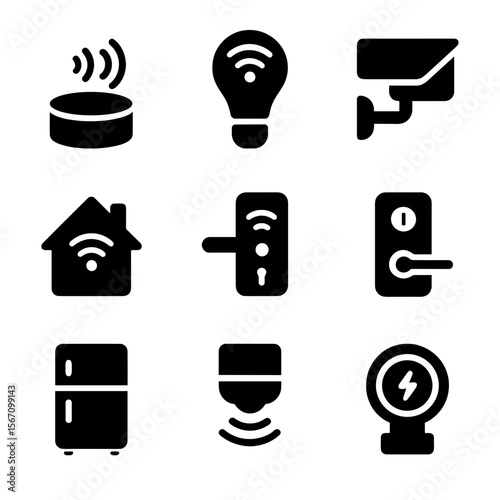 Smart Home Icon Set. Solid, filled icon set of smart home innovation: voice assistant, smart light, security cam, thermostat, home