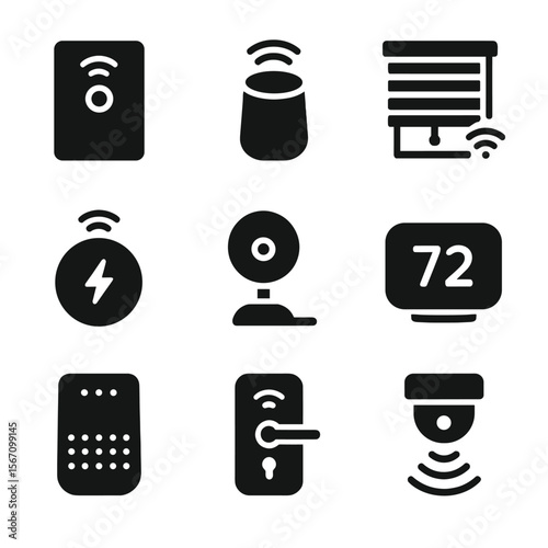 Smart Home Icon Set. Solid, filled icon set of smart home interior features: smart light switch, voice assistant, automated blinds
