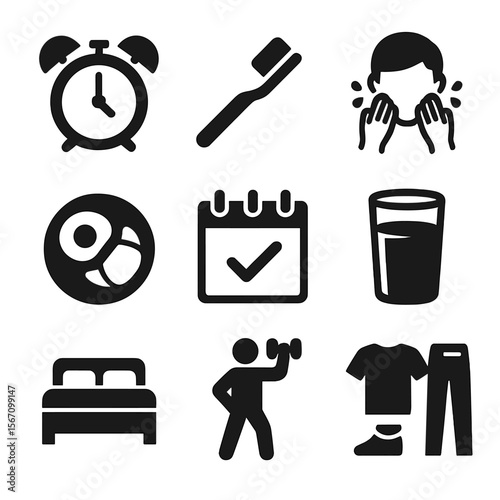 Morning Routine Icons. Solid, filled icons set of morning routine checklist: alarm clock, toothbrush, face