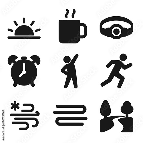 Morning Routine Icons. Solid, filled icons set of early morning routines: sunrise icon, warm drink mug,