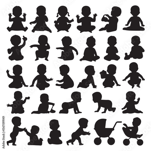 Collection of black silhouettes of babies in various poses and activities