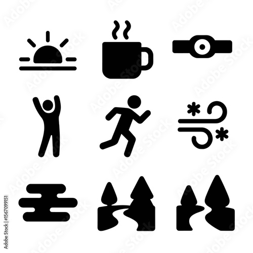 Morning Routine Icons. Solid, filled icons set of early morning routines: sunrise icon, warm drink mug,