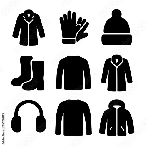 Winter Fashion Icons. Solid, filled icon set of Wool Scarf fashion elements: coat, gloves, hat, boots, sweater, overcoat, earmuffs