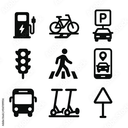 Smart Mobility Icons. Solid, filled icon set of urban smart mobility infrastructure: charging station, bike lane, parking spot,