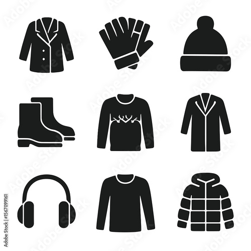 Winter Fashion Icons. Solid, filled icon set of Wool Scarf fashion elements: coat, gloves, hat, boots, sweater, overcoat, earmuffs