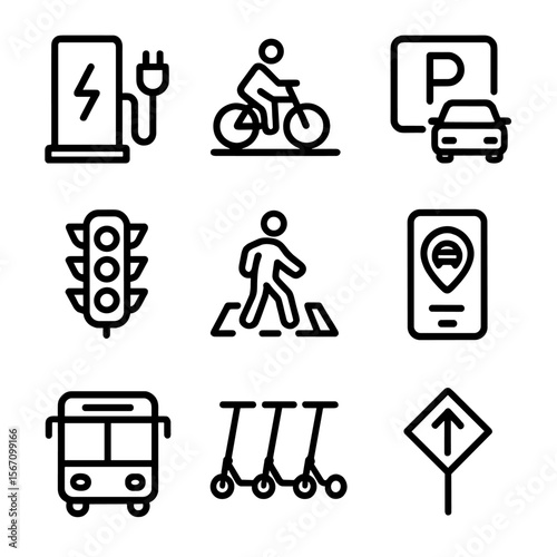 Smart Mobility Icons. Solid, filled icon set of urban smart mobility infrastructure: charging station, bike lane, parking spot,
