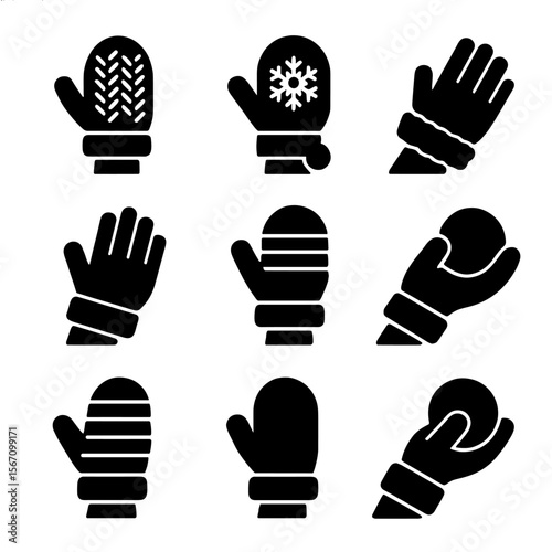 Winter Mittens Icons. Solid, filled icon set of warm mittens on a child’s hands: knitted mittens, wool gloves, fuzzy cuffs,