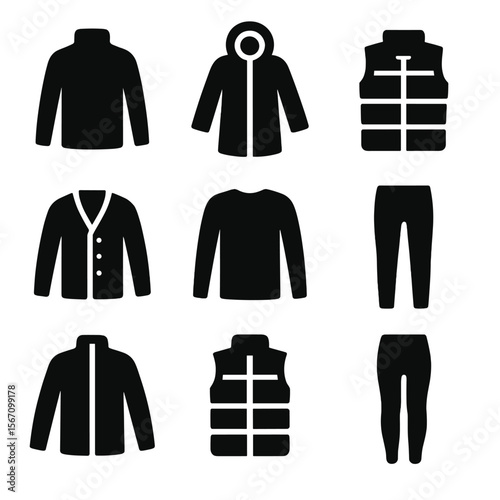 Winter Outfit Icons. Solid, filled icon set of layered winter outfits: turtleneck, parka, padded vest, cardigan, thermal shirt,