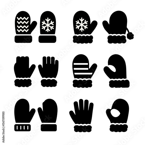 Winter Mittens Icons. Solid, filled icon set of warm mittens on a child’s hands: knitted mittens, wool gloves, fuzzy cuffs,