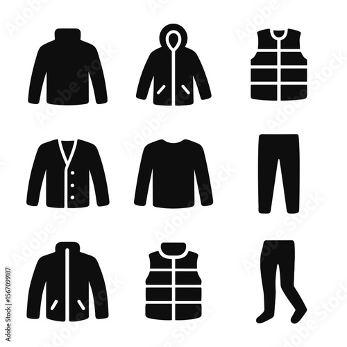 Winter Outfit Icons. Solid, filled icon set of layered winter outfits: turtleneck, parka, padded vest, cardigan, thermal shirt,