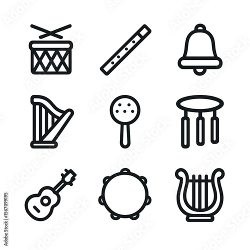 Winter Solstice Instruments. Solid, filled icon set of Winter solstice musical instruments: drum, flute, bell, harp, rattle,