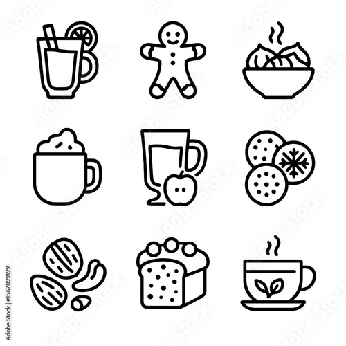Winter Solstice Icons. Solid, filled icon set of Winter solstice food and drink: mulled wine, gingerbread, roasted chestnuts, hot